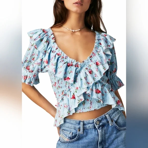 Free People Tops - Free People Blue and White Floral Ruffled Blouse